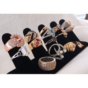 Lot of 15 Big Rhinestone Cocktail Rings Gold Clad Costume Jewelry Vintage